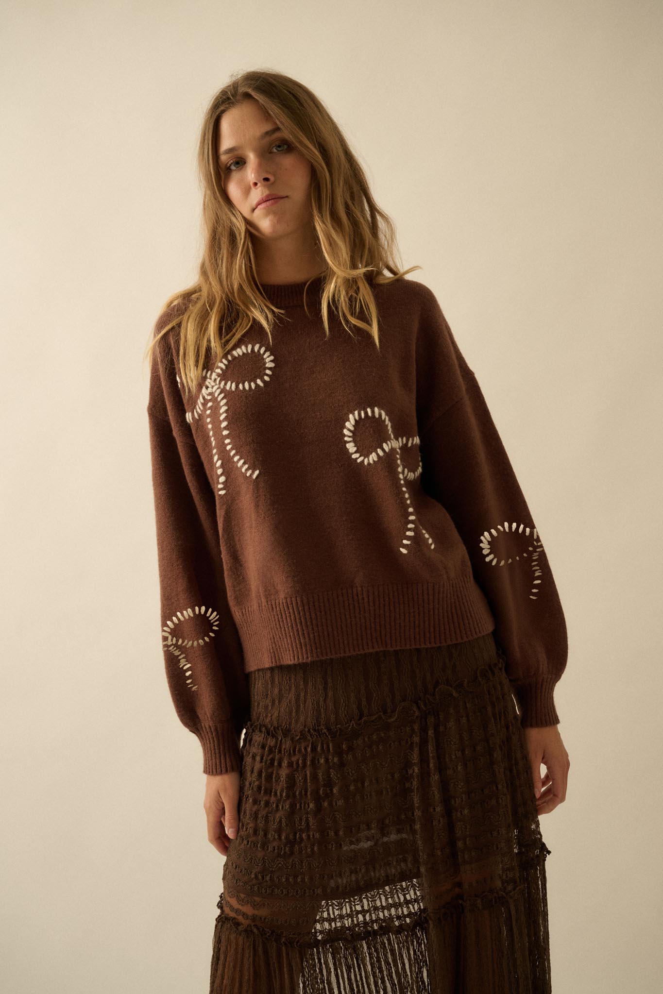 Promise Me Bow-Embroidered Balloon-Sleeve Sweater