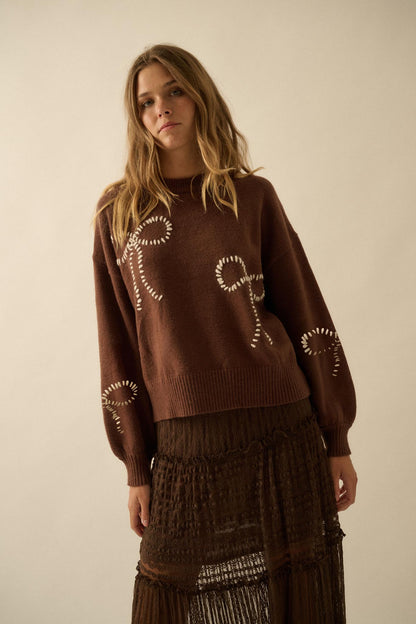 Promise Me Bow-Embroidered Balloon-Sleeve Sweater