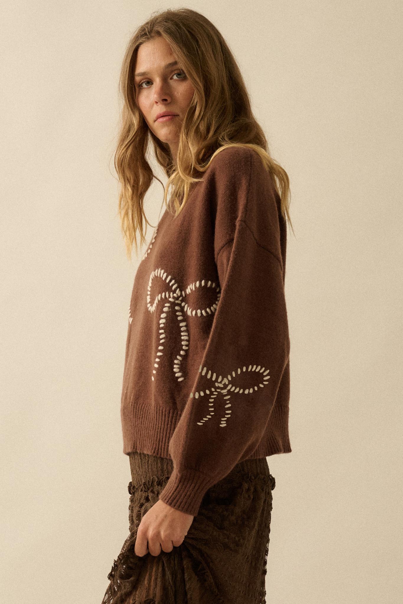 Promise Me Bow-Embroidered Balloon-Sleeve Sweater
