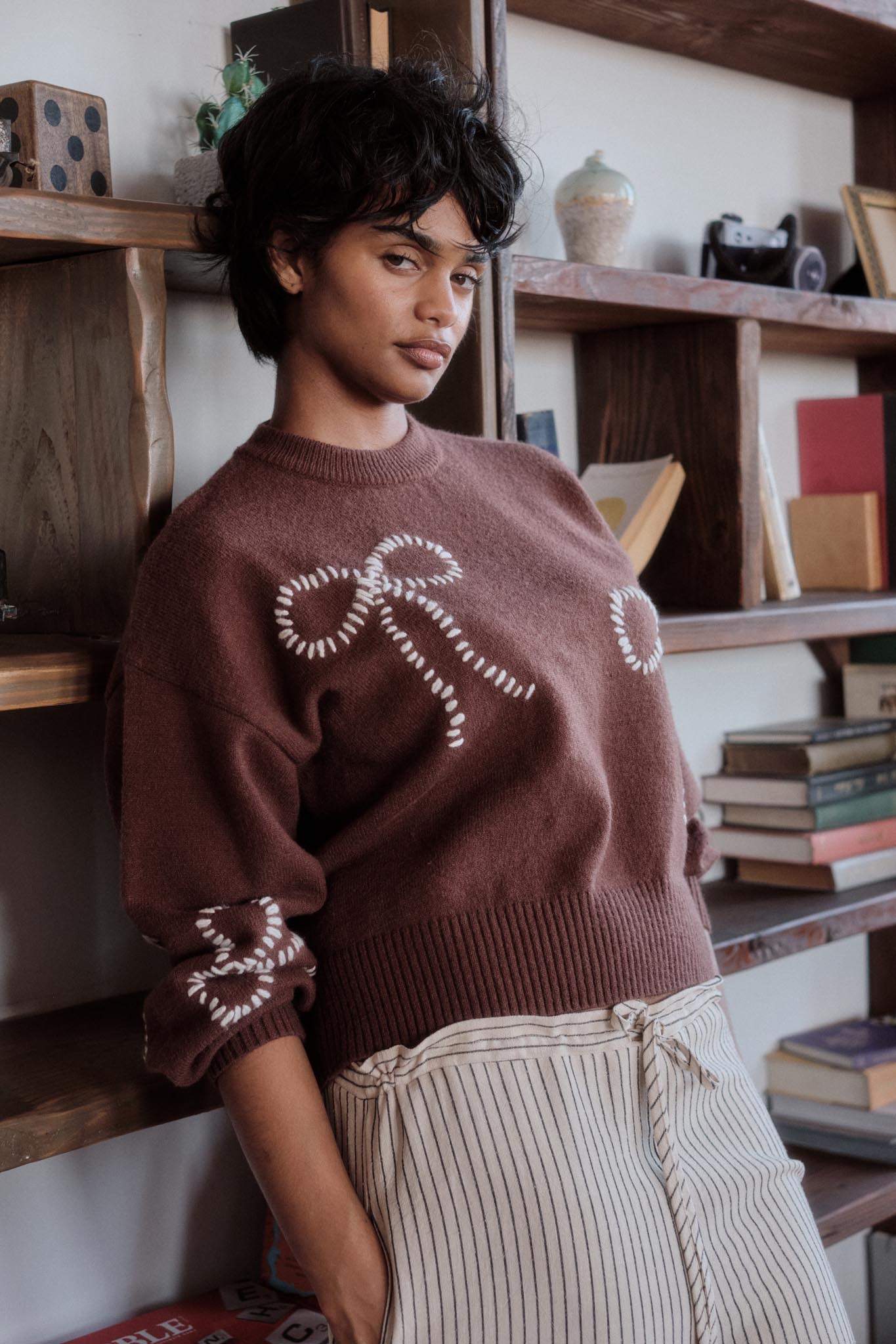 Promise Me Bow-Embroidered Balloon-Sleeve Sweater