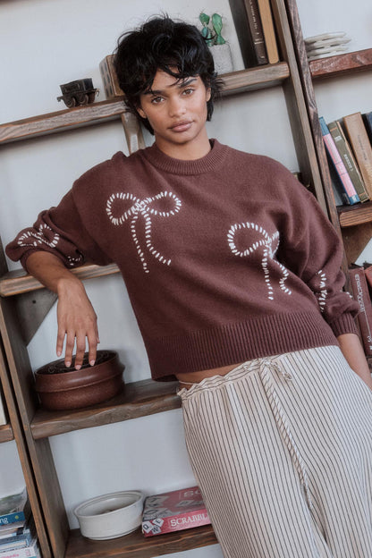 Promise Me Bow-Embroidered Balloon-Sleeve Sweater