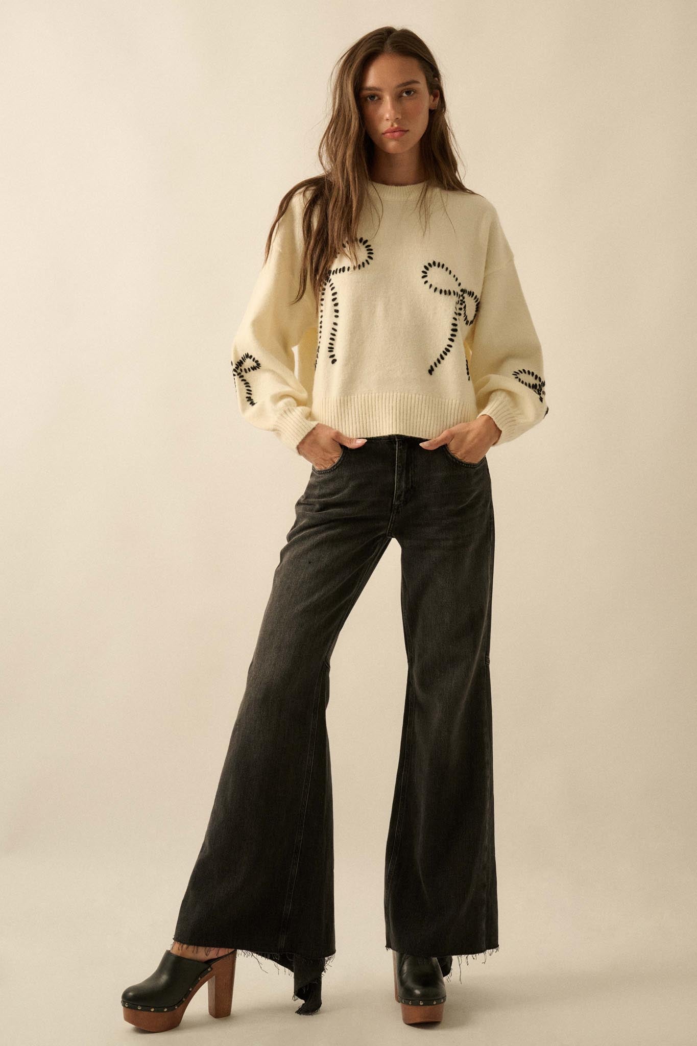 Promise Me Bow-Embroidered Balloon-Sleeve Sweater