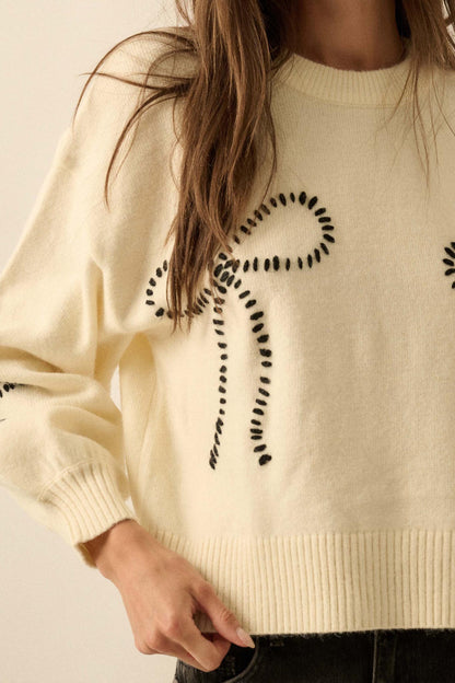 Promise Me Bow-Embroidered Balloon-Sleeve Sweater