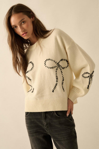 Promise Me Bow-Embroidered Balloon-Sleeve Sweater