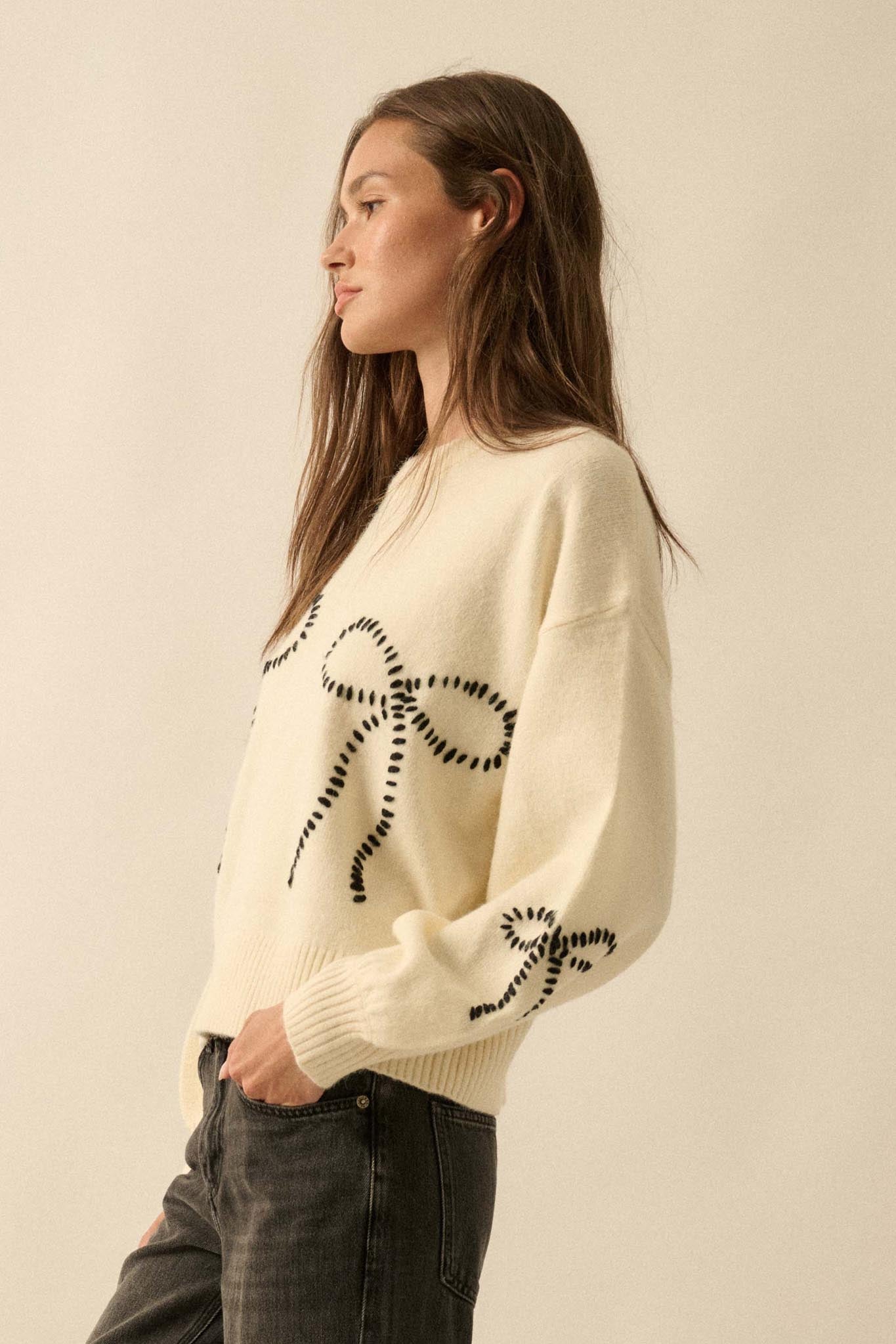 Promise Me Bow-Embroidered Balloon-Sleeve Sweater