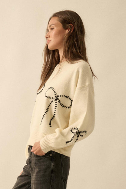 Promise Me Bow-Embroidered Balloon-Sleeve Sweater