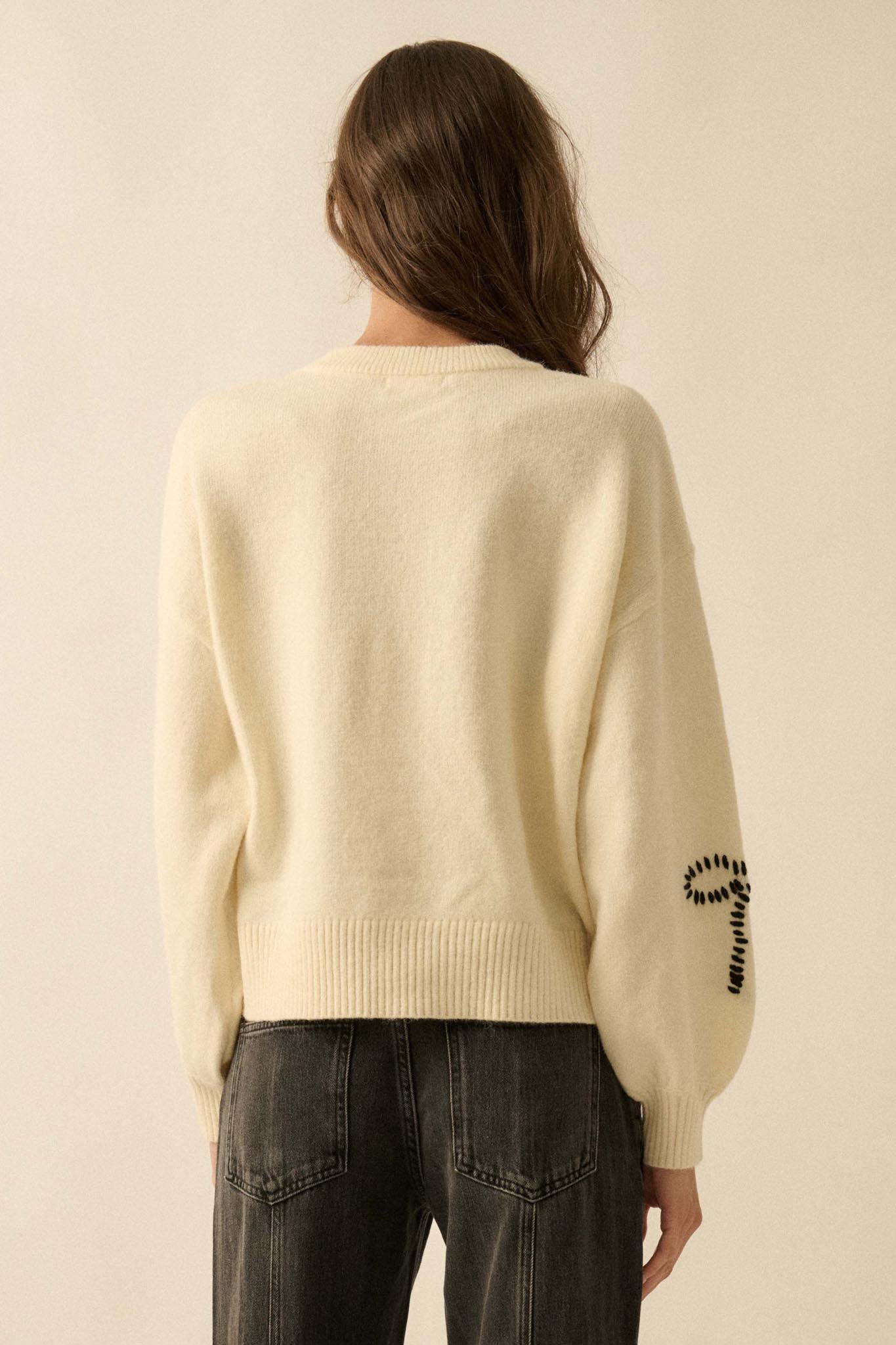 Promise Me Bow-Embroidered Balloon-Sleeve Sweater