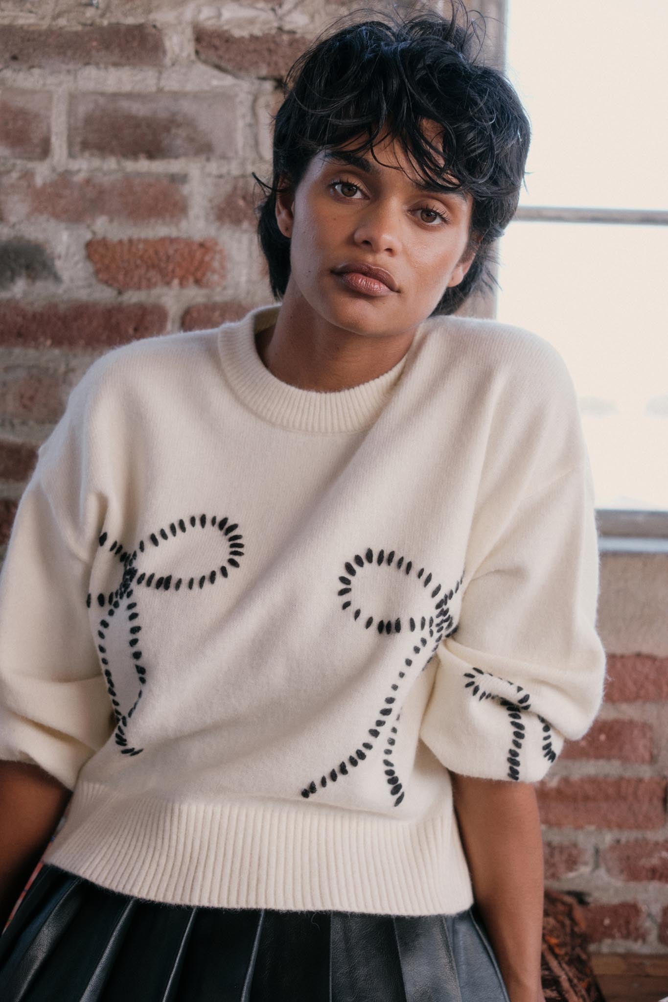 Promise Me Bow-Embroidered Balloon-Sleeve Sweater