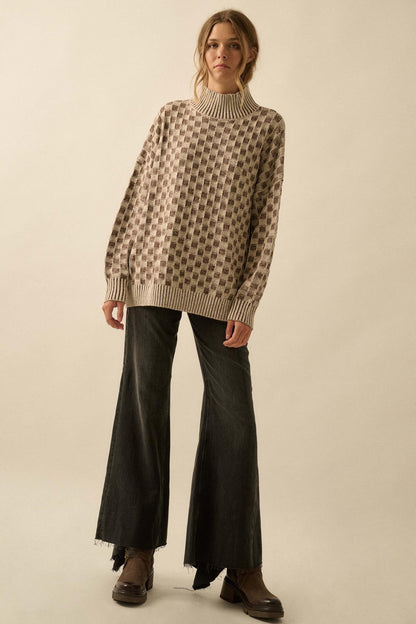 Checkmate Checkered Knit Mock-Neck Sweater