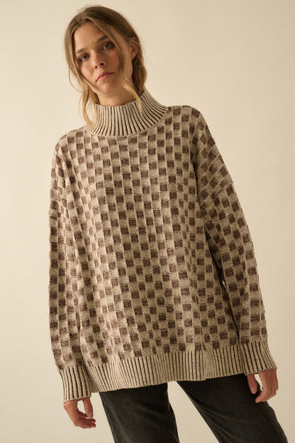 Checkmate Checkered Knit Mock-Neck Sweater