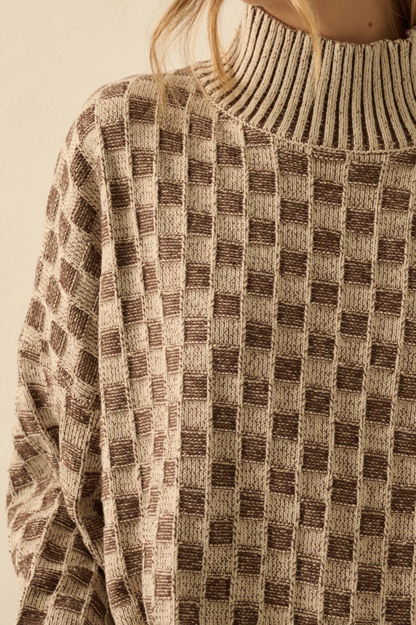Checkmate Checkered Knit Mock-Neck Sweater