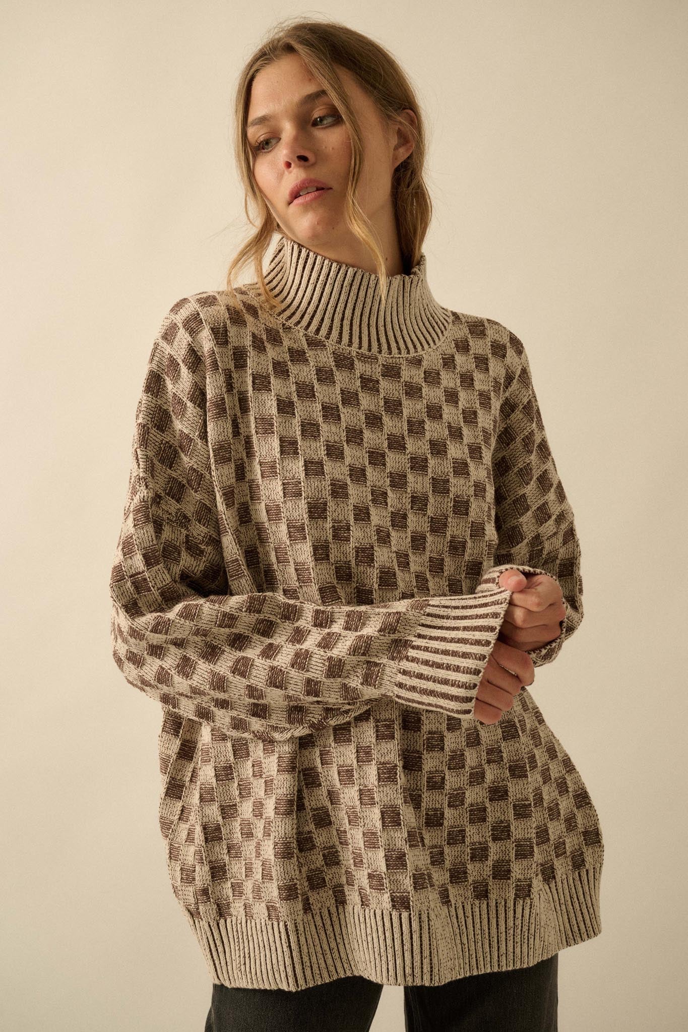 Checkmate Checkered Knit Mock-Neck Sweater