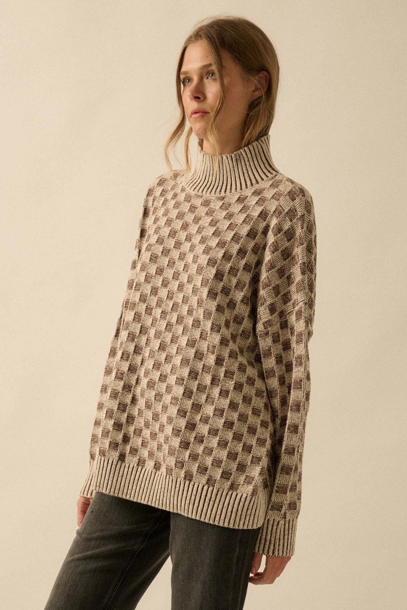 Checkmate Checkered Knit Mock-Neck Sweater