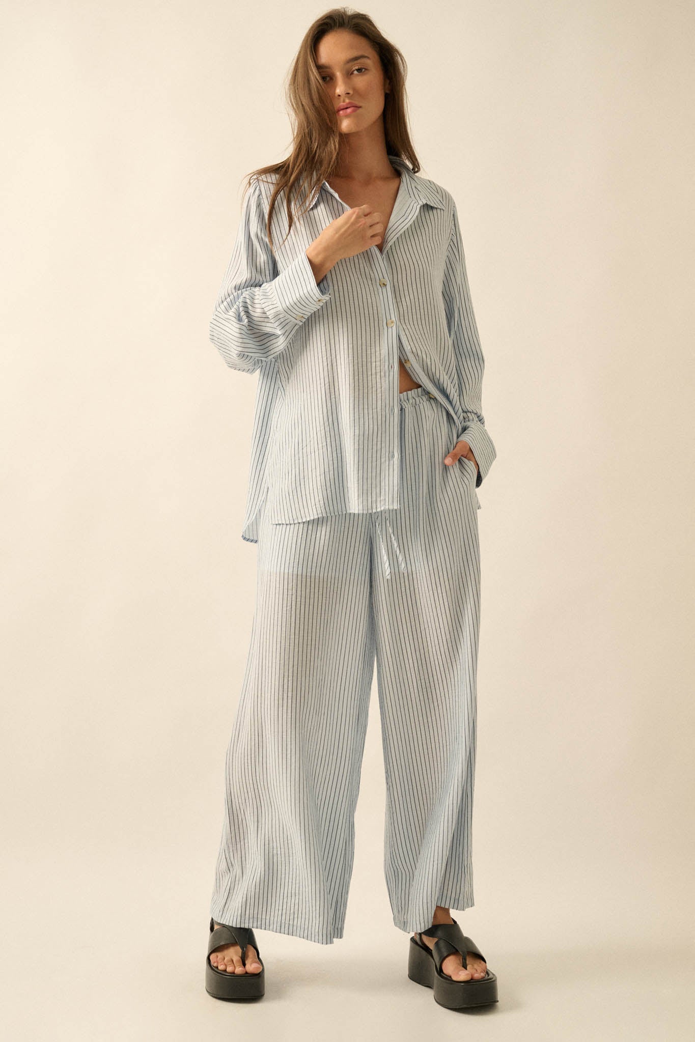 Easy Morning Pinstripe Oversize Button-Up Shirt