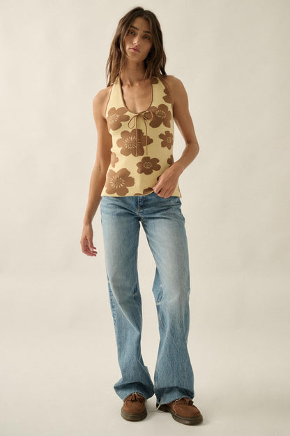 Flower Fun Floral Jacquard-Knit Sweater Halter Top