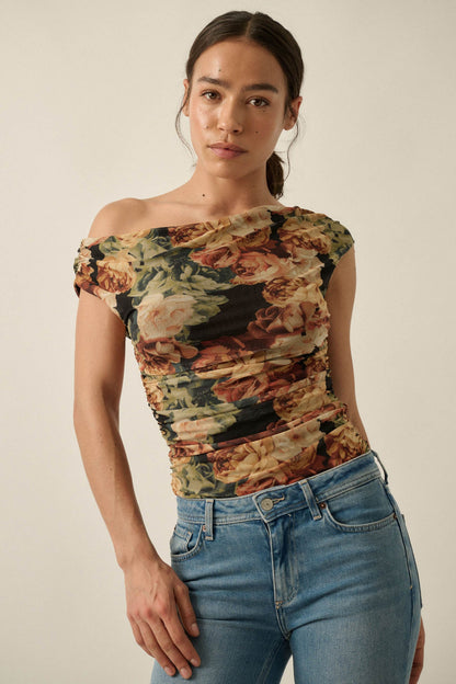 Radiant Roses Floral Mesh One-Shoulder Bodysuit