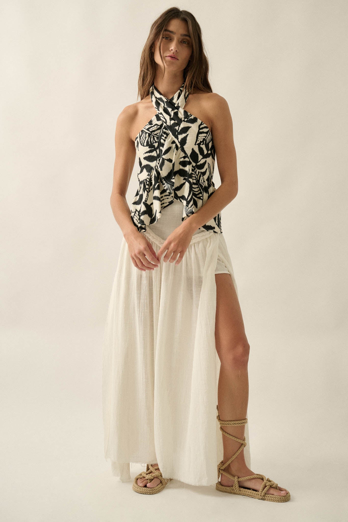Canopy Breeze Tropical-Print Cross-Front Halter Top