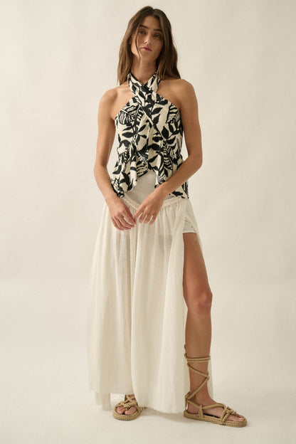 Canopy Breeze Tropical-Print Cross-Front Halter Top