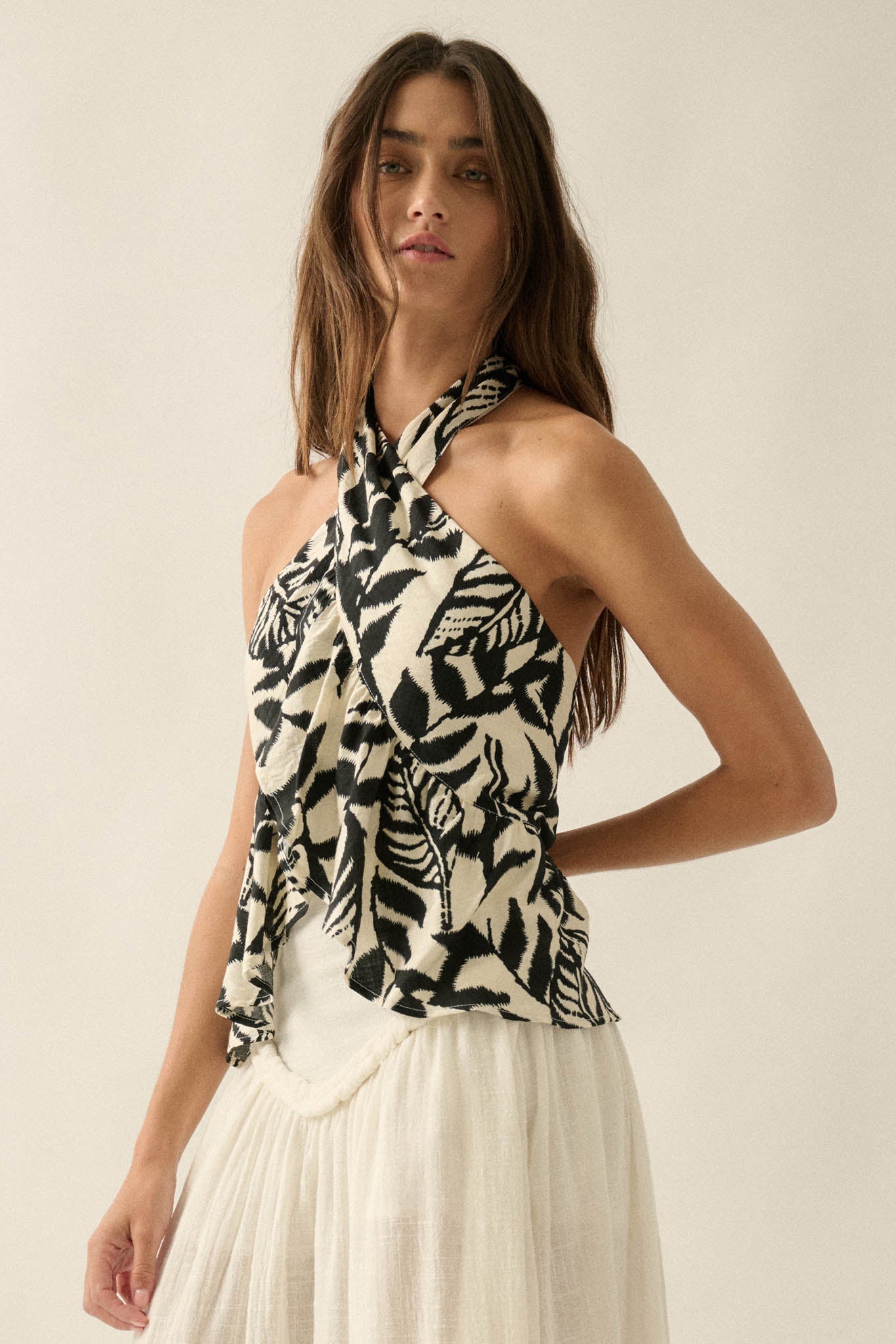 Canopy Breeze Tropical-Print Cross-Front Halter Top