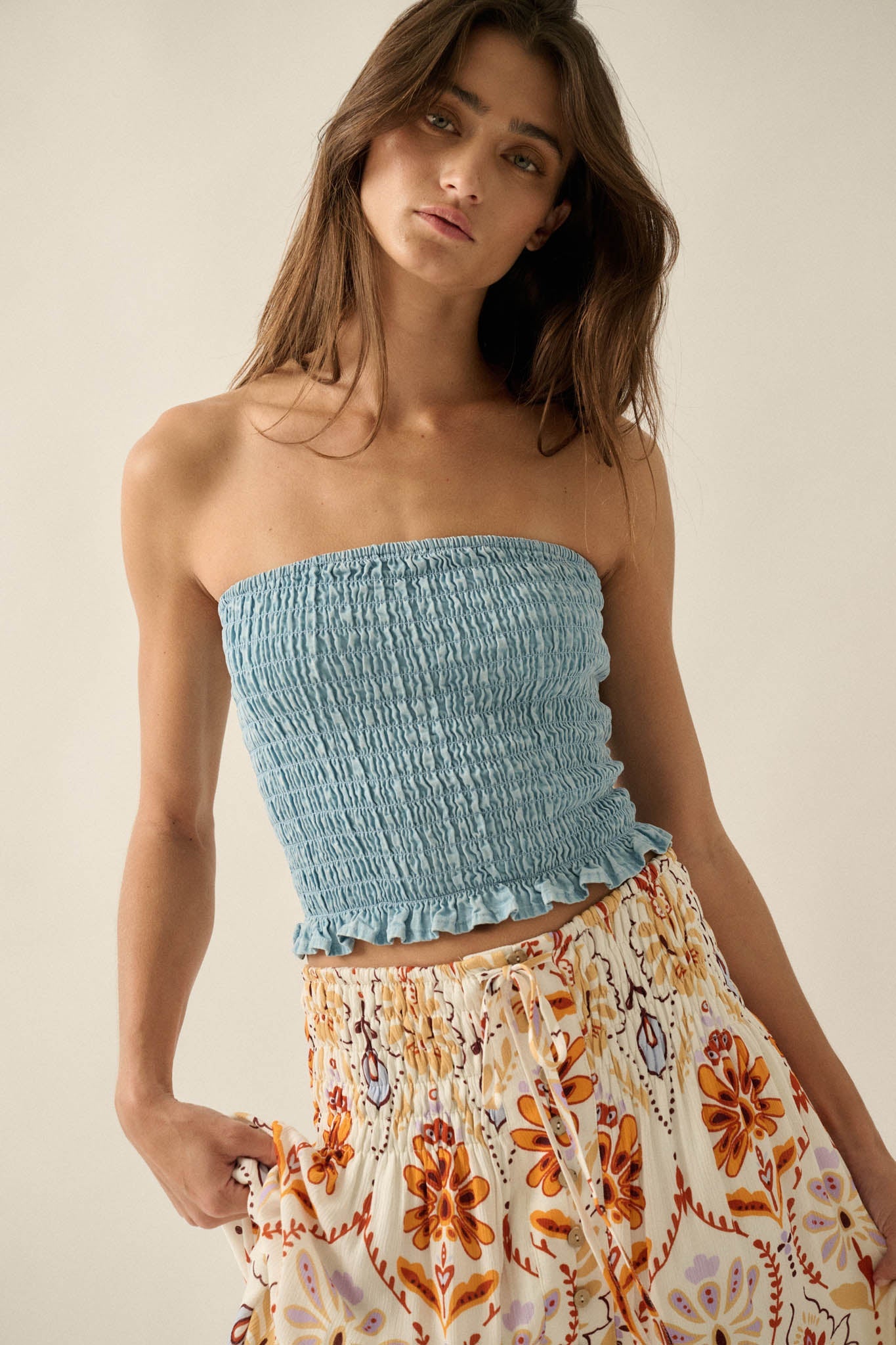 Blue My Mind Smocked Denim Bandeau Tube Top