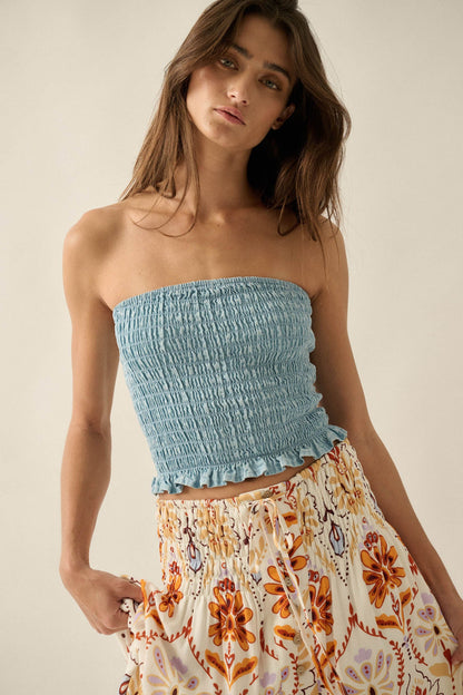 Blue My Mind Smocked Denim Bandeau Tube Top