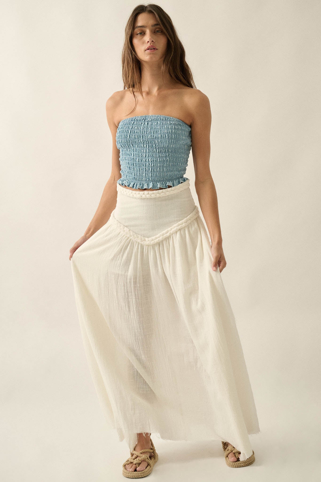 Blue My Mind Smocked Denim Bandeau Tube Top