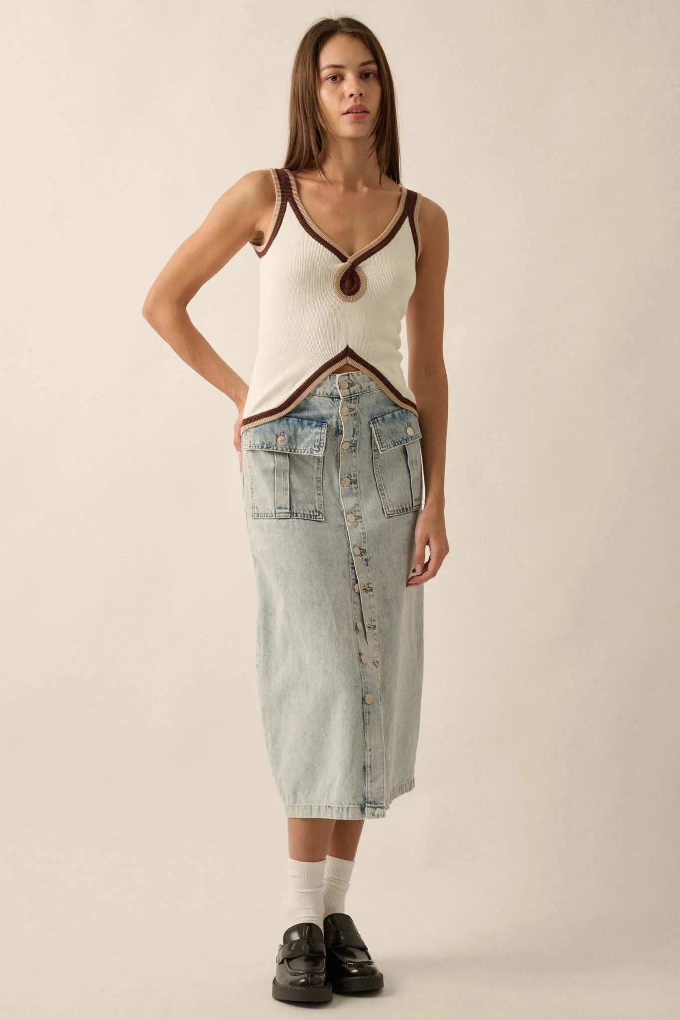Hot Line Ribbed Knit Split-Hem Keyhole Tank Top