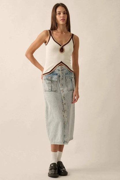 Hot Line Ribbed Knit Split-Hem Keyhole Tank Top