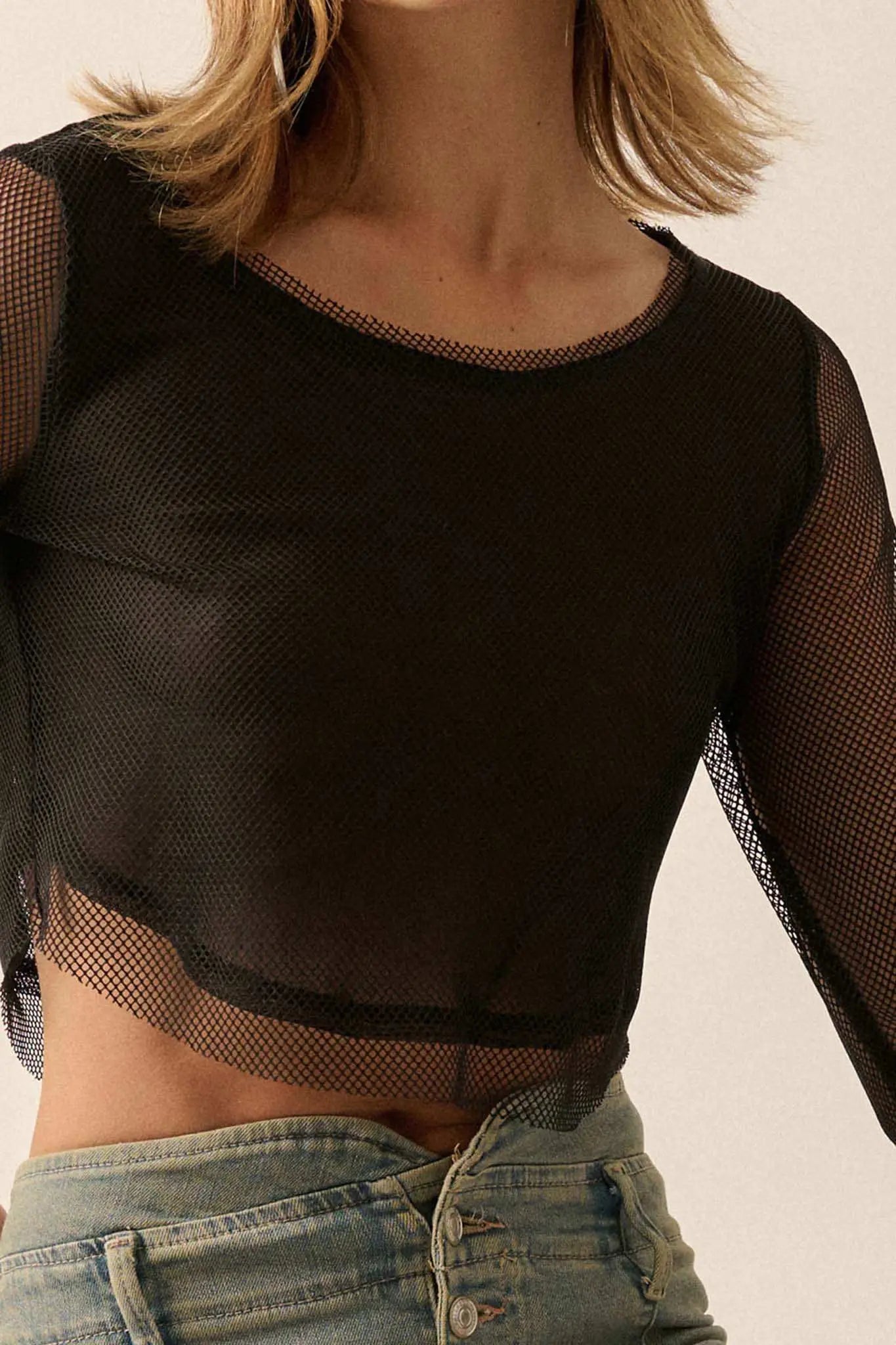 Pretty in Punk Layered Fishnet Long-Sleeve Crop Top