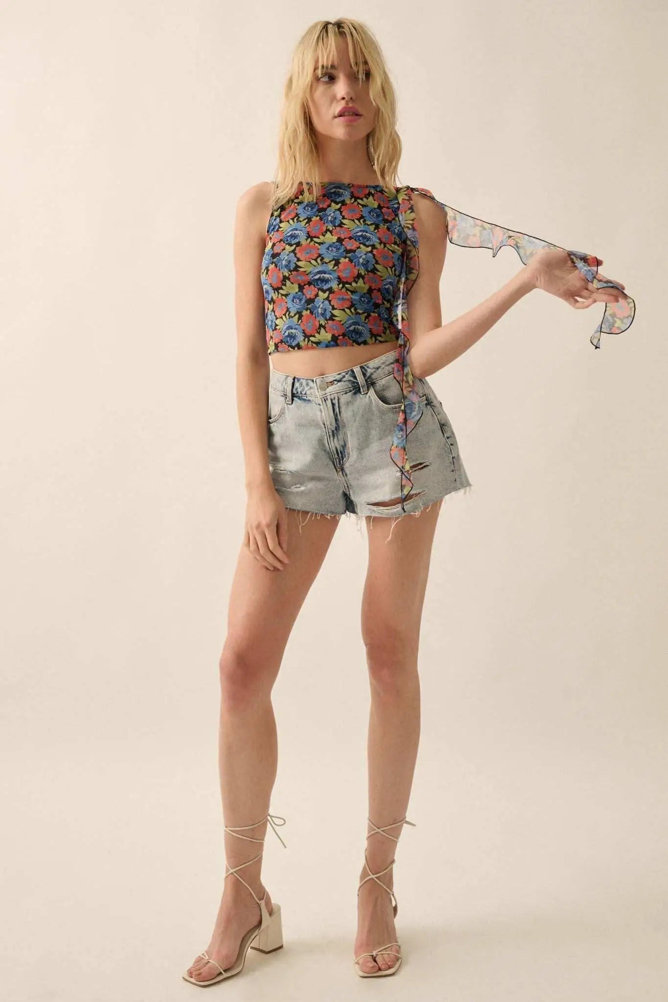 Bloom All Night Floral Mesh Ruffle Tie-Strap Top