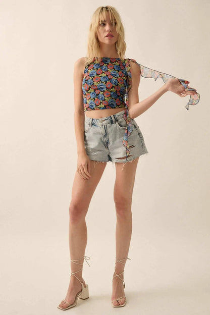 Bloom All Night Floral Mesh Ruffle Tie-Strap Top