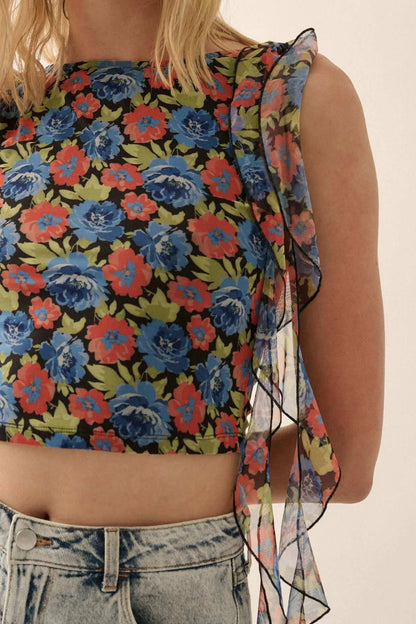 Bloom All Night Floral Mesh Ruffle Tie-Strap Top