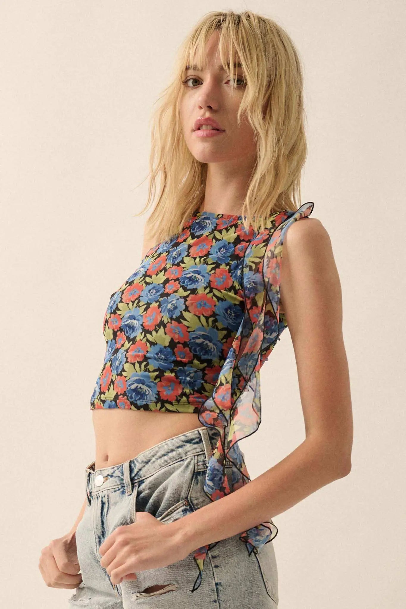 Bloom All Night Floral Mesh Ruffle Tie-Strap Top