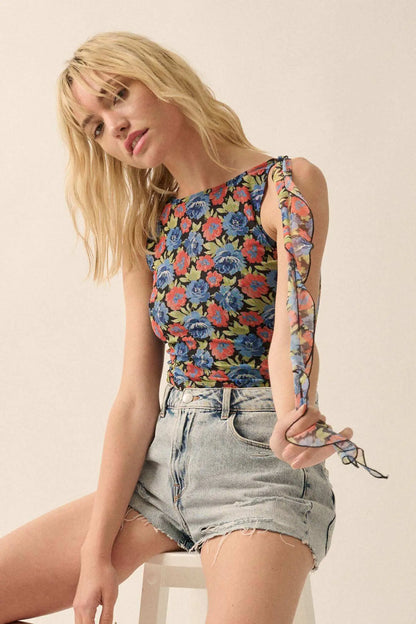 Bloom All Night Floral Mesh Ruffle Tie-Strap Top