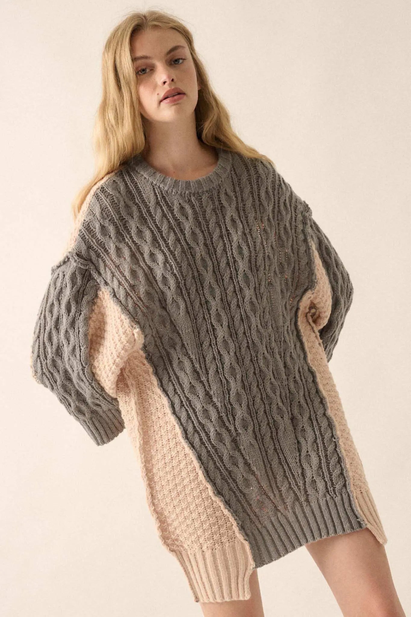 So Together Colorblock Cable Knit Oversize Sweater