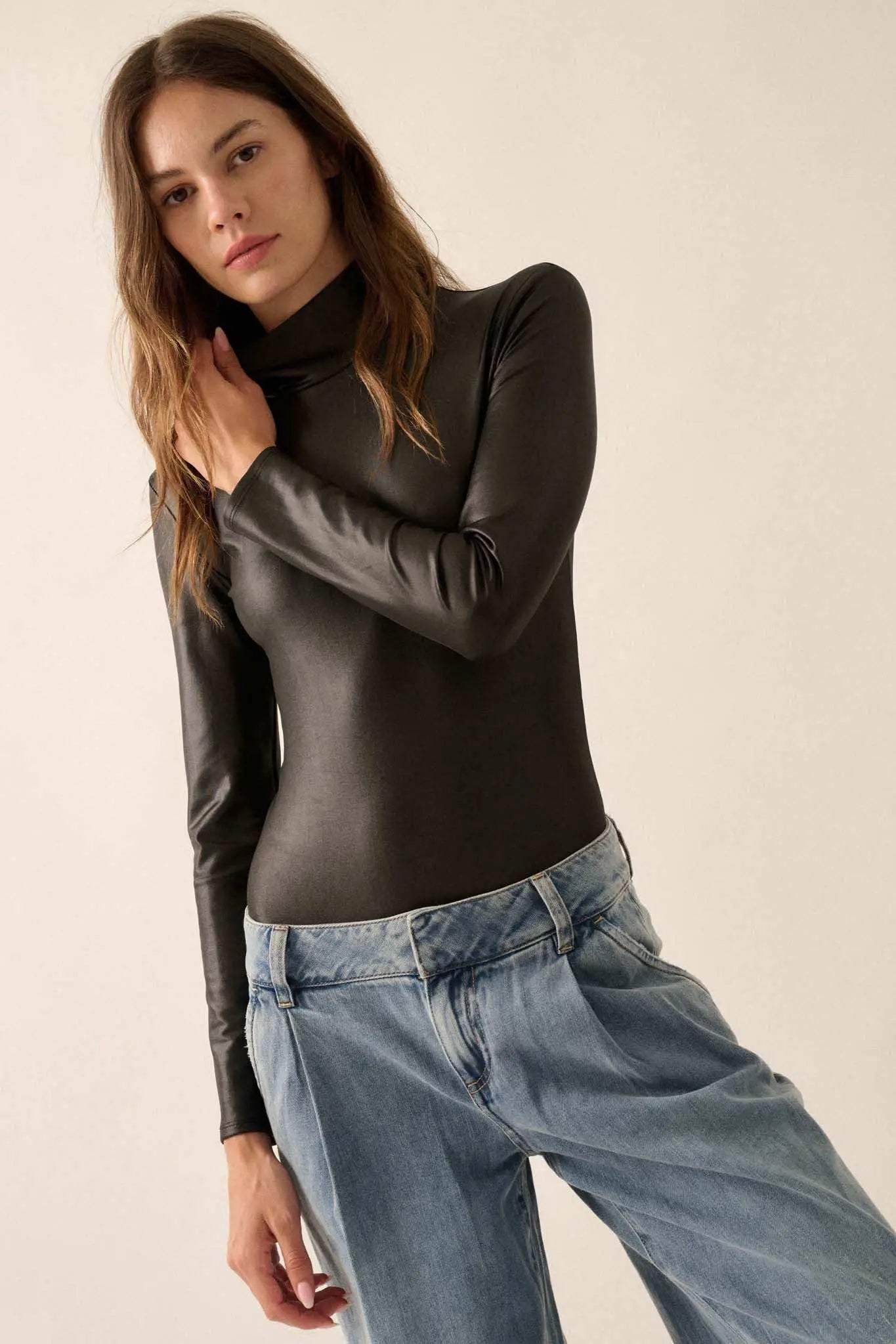 Sleek Attack Liquid Leather Mock-Neck Bodysuit