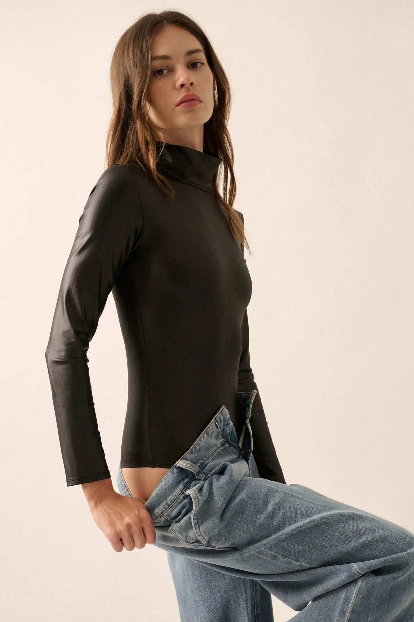 Sleek Attack Liquid Leather Mock-Neck Bodysuit