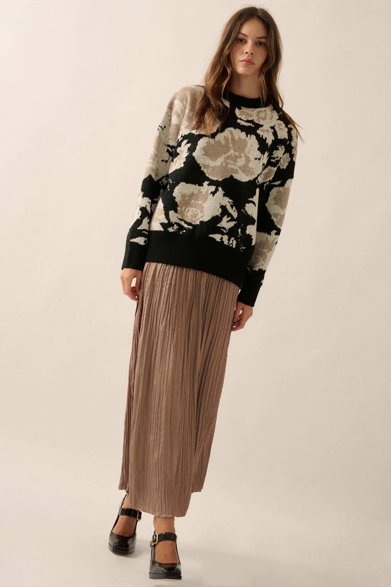 Cuddly Blossoms Oversize Floral Jacquard Sweater