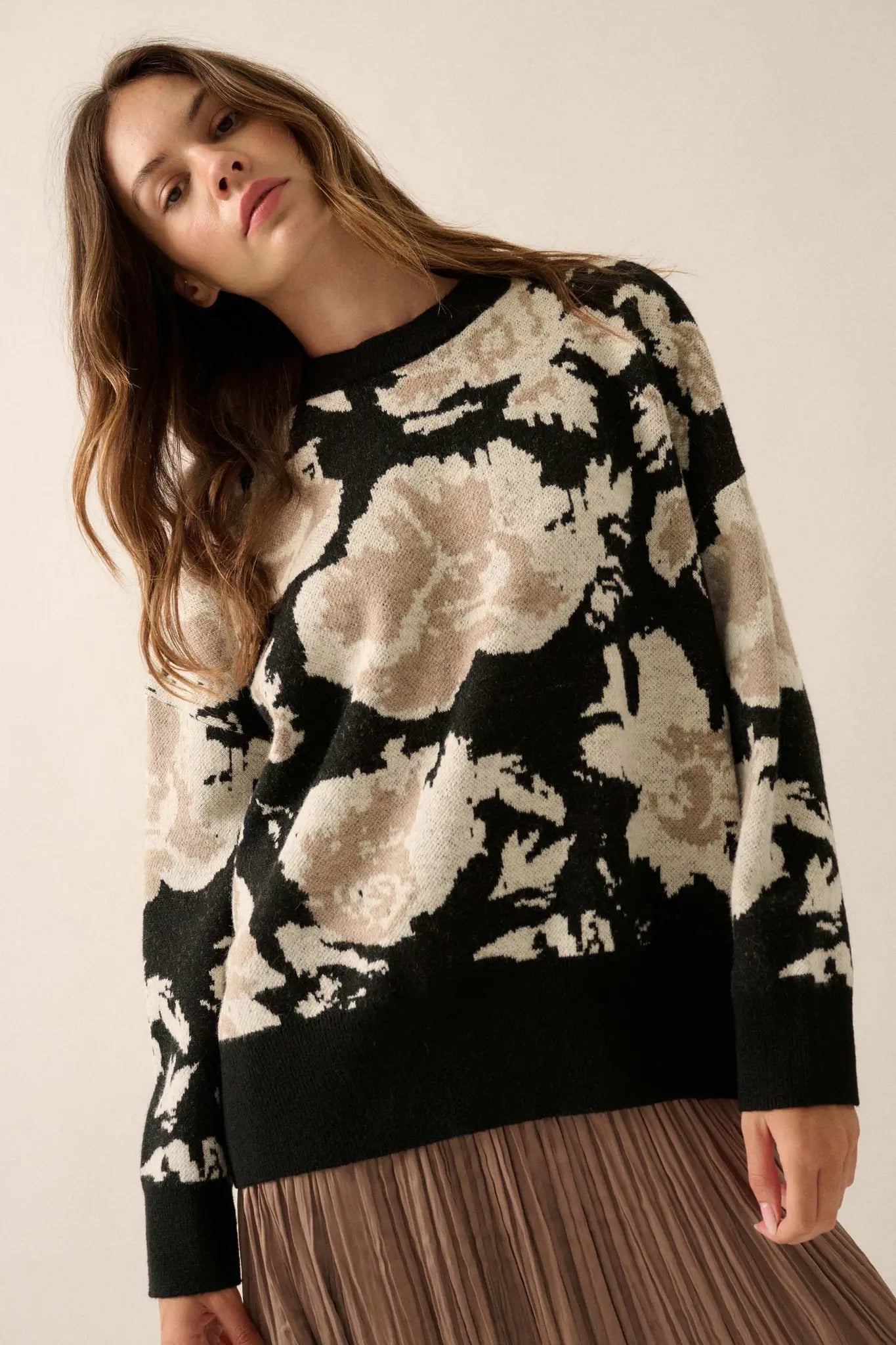 Cuddly Blossoms Oversize Floral Jacquard Sweater