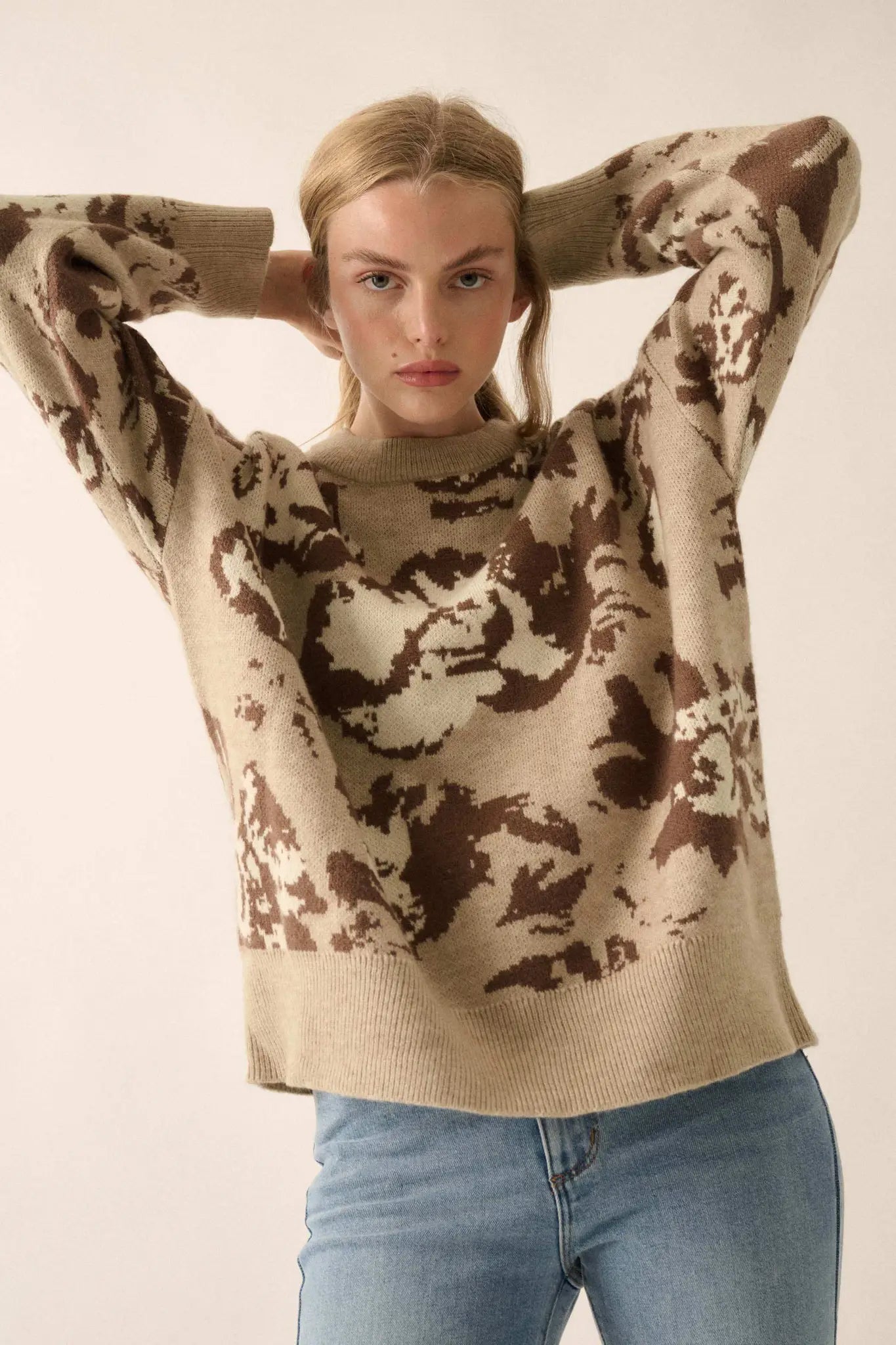Cuddly Blossoms Oversize Floral Jacquard Sweater