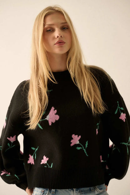 Plush Garden Floral Jacquard Bubble-Sleeve Sweater