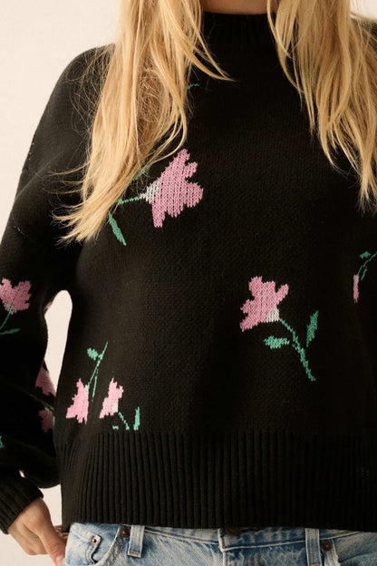 Plush Garden Floral Jacquard Bubble-Sleeve Sweater