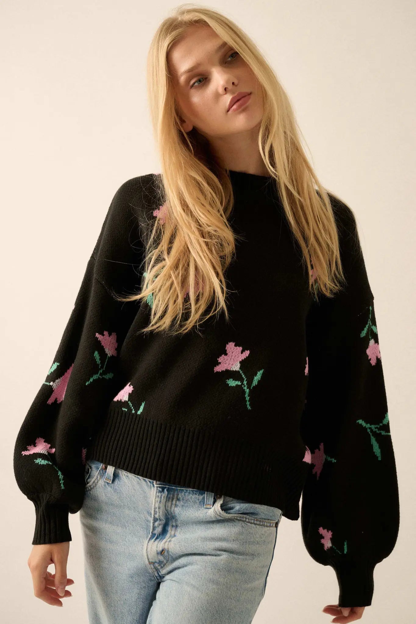 Plush Garden Floral Jacquard Bubble-Sleeve Sweater
