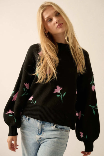 Plush Garden Floral Jacquard Bubble-Sleeve Sweater