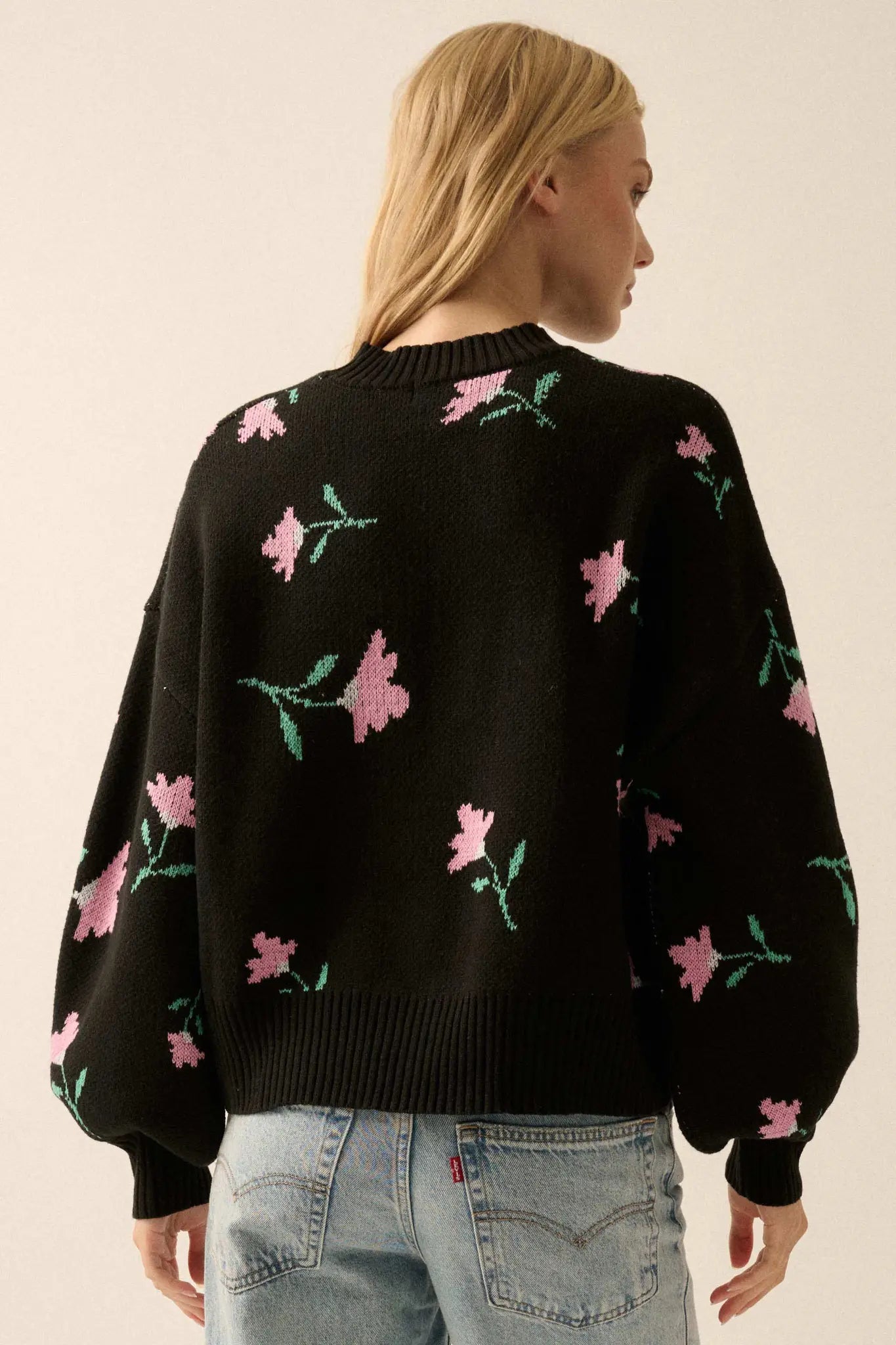 Plush Garden Floral Jacquard Bubble-Sleeve Sweater