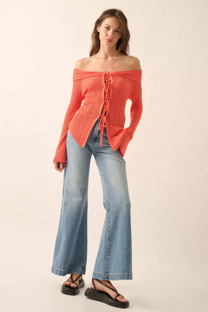 Dear Diary Off-Shoulder Tie-Front Cardigan