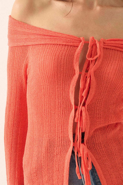 Dear Diary Off-Shoulder Tie-Front Cardigan