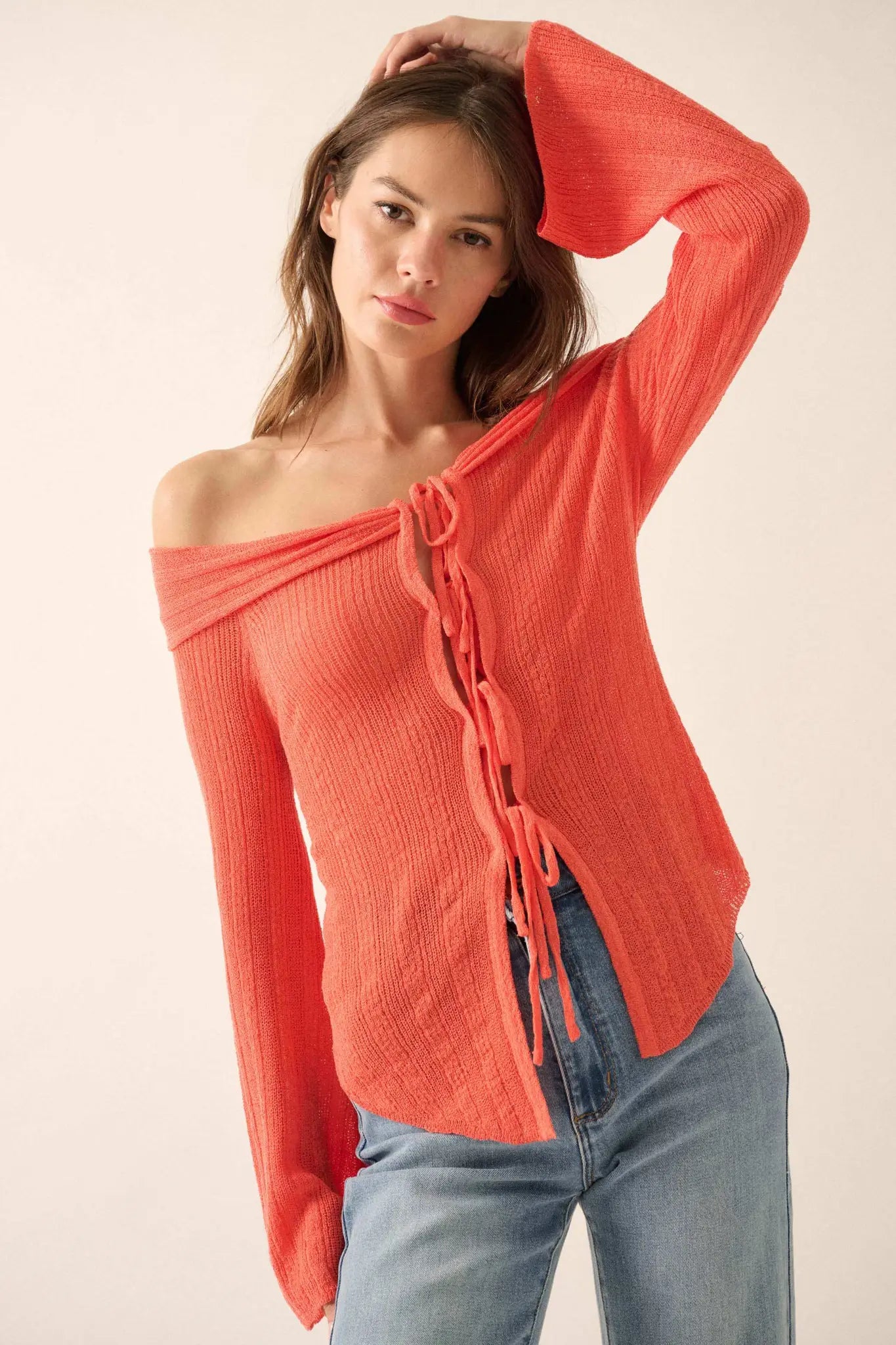 Dear Diary Off-Shoulder Tie-Front Cardigan