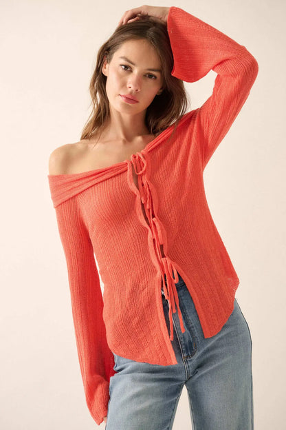 Dear Diary Off-Shoulder Tie-Front Cardigan