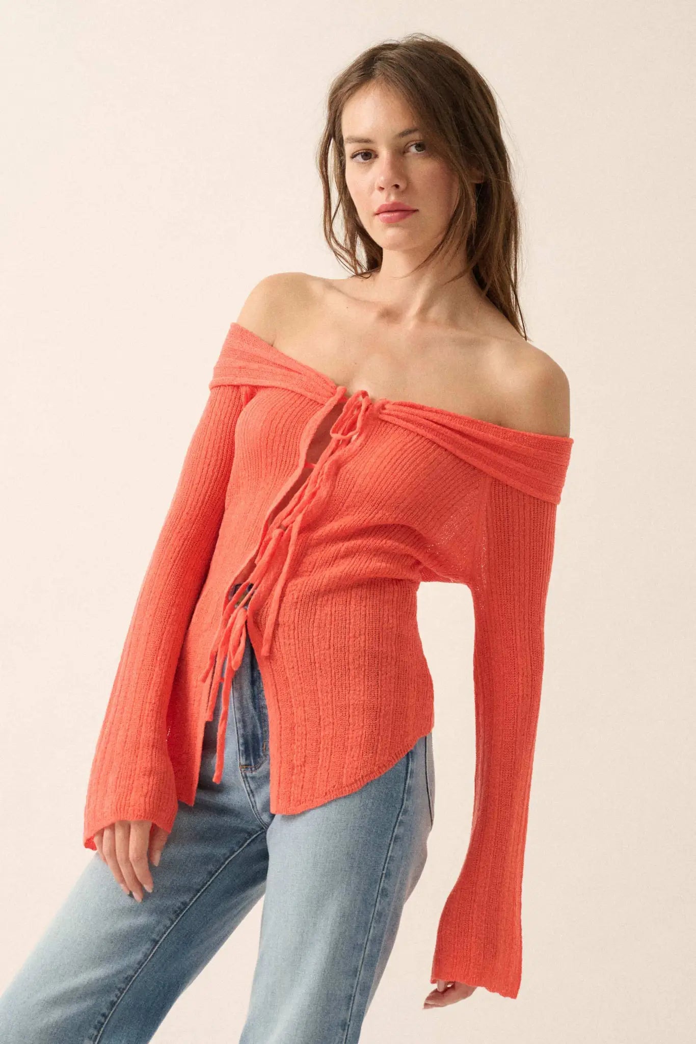 Dear Diary Off-Shoulder Tie-Front Cardigan